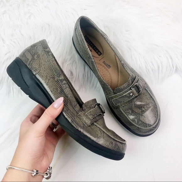 Clarks Shoes - Clarks Collection Snake Print Gray Glossy Loafers